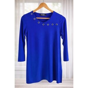 Sympli Canada Tunic Top Womens Size 2 Blue Grommet Neckline Stretch 3/4 Sleeve